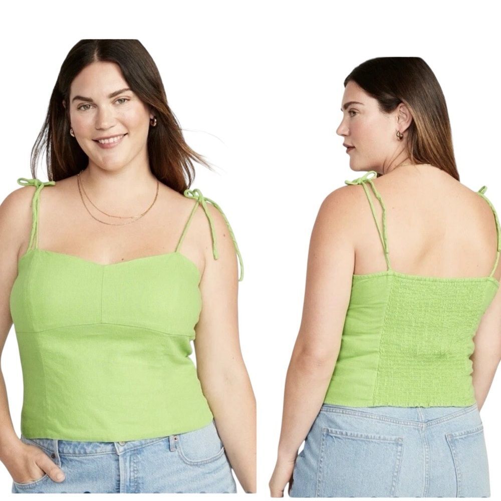 Old Navy Fitted Linen Blend Crop Tank Top Lime Green Smocked Back Womens Size XL